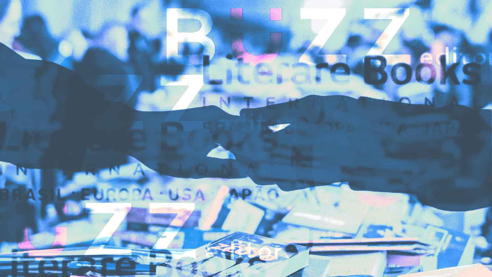 Aperto de mãos diante dos nomes da Buzz Editora e da Literare Books International e de pilhas de livros.