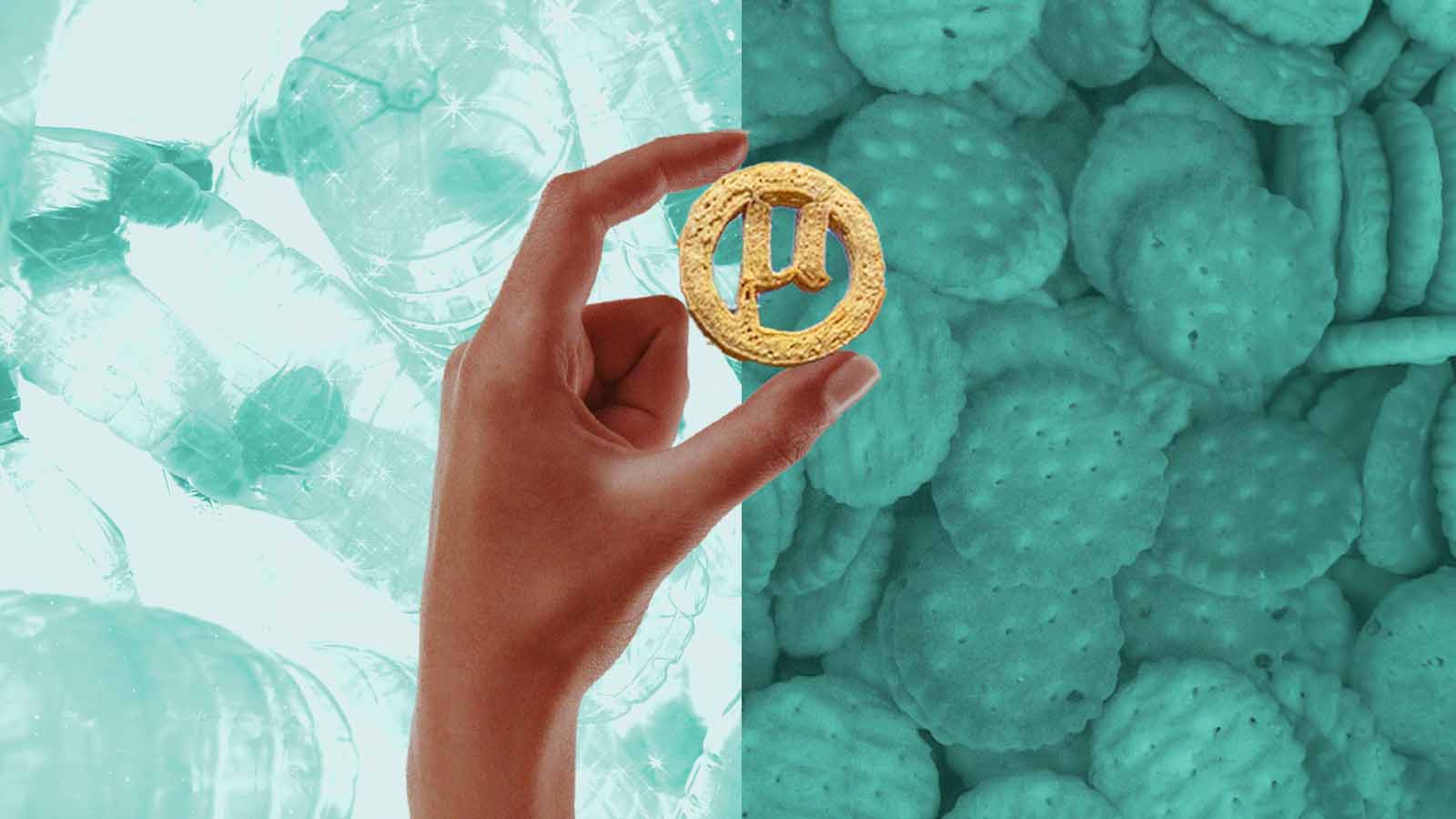 Montagem mostra garrafas plásticas, uma mão segurando um biscoito com o símbolo dos µBites e vários biscoitos ao fundo.