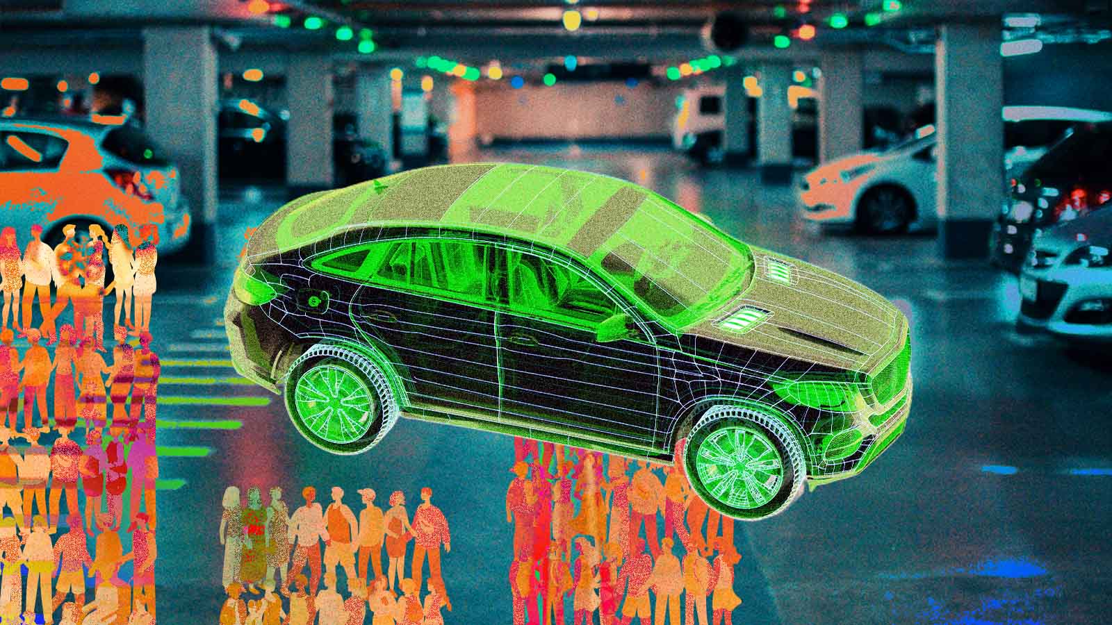 Carro eletrificado em destaque sobre grupos de consumidores em um estacionamento.