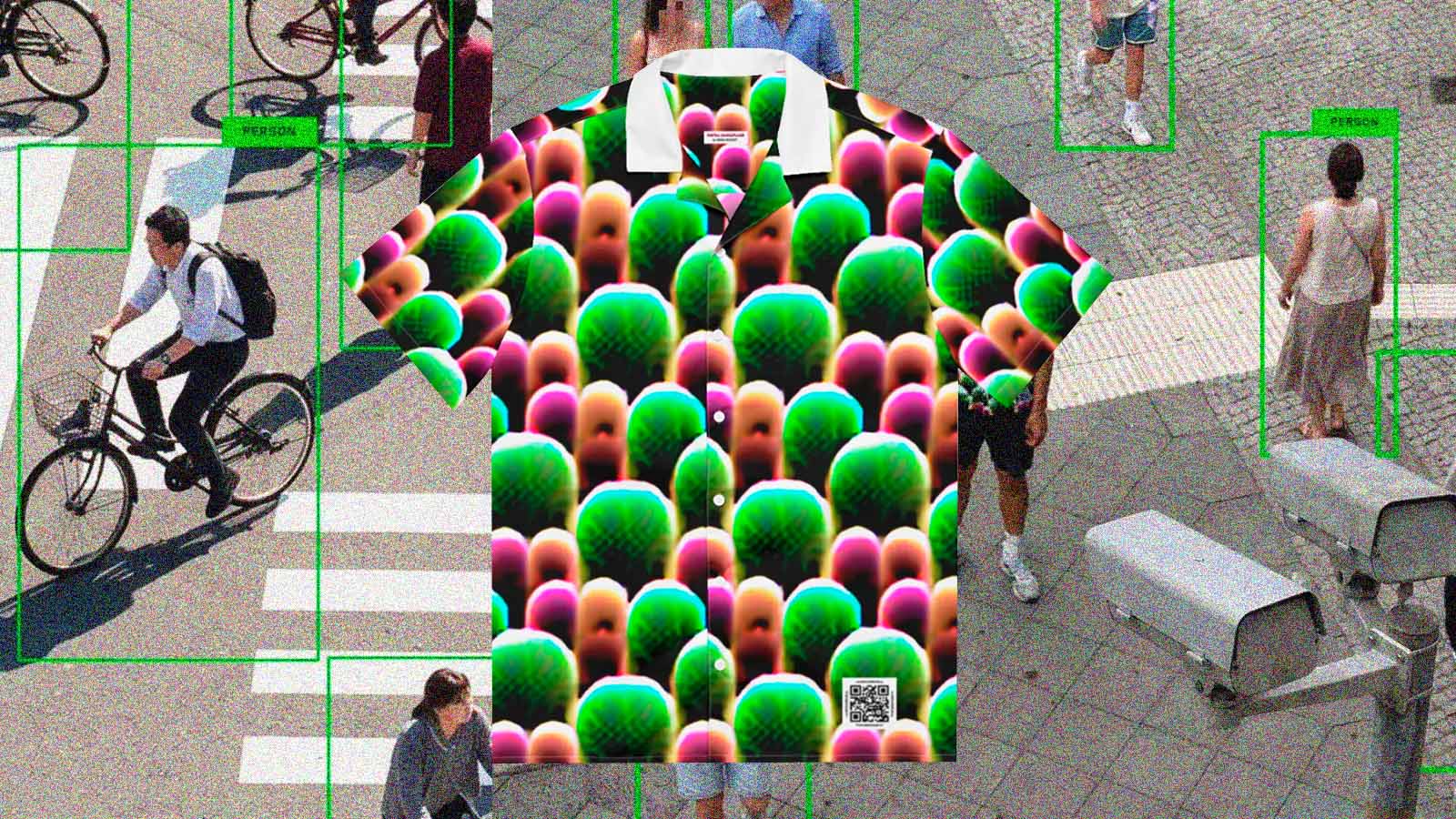 Camisa colorida aparece sobre imagens de câmeras de vigilância com caixas verdes de detecção de pessoas.