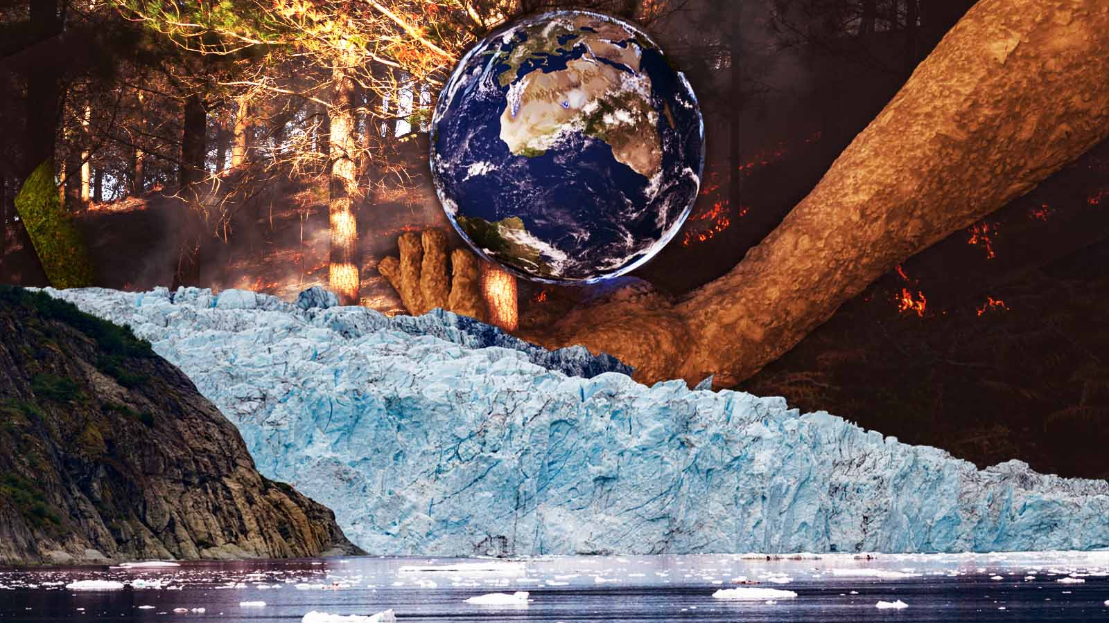 Planeta Terra entre uma floresta em chamas e uma geleira em processo de derretimento
