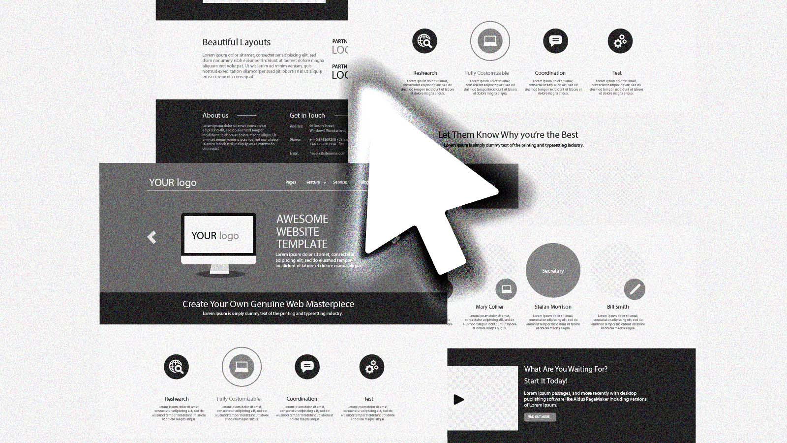 Cursor de computador em destaque sobre diferentes modelos de páginas de sites