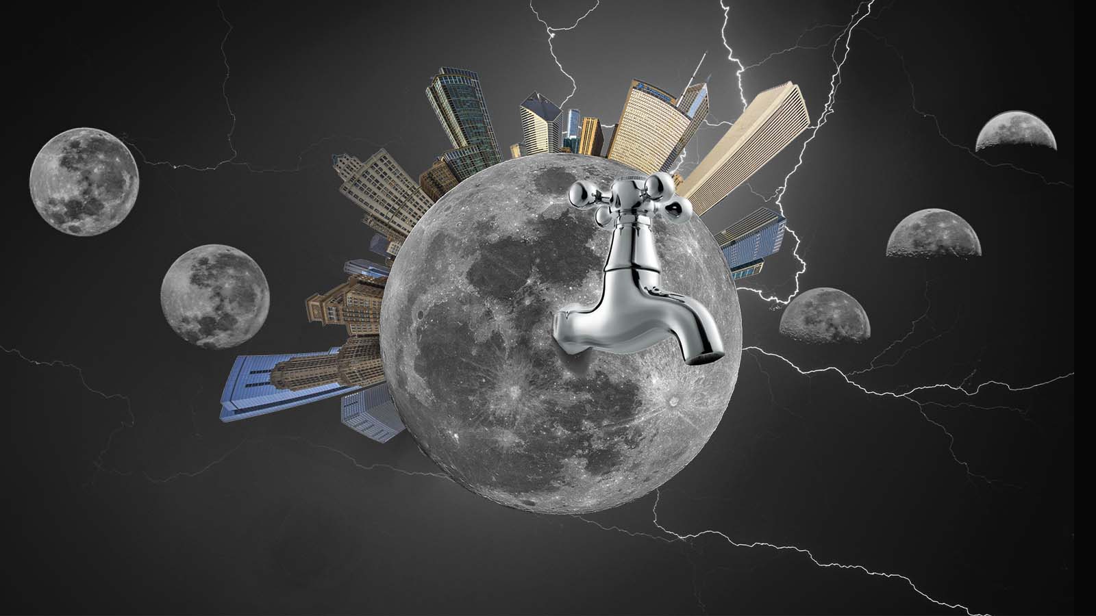 Lua cercada por prédios e com uma torneira metálica ao centro representa uma futura cidade lunar com escassez de água.