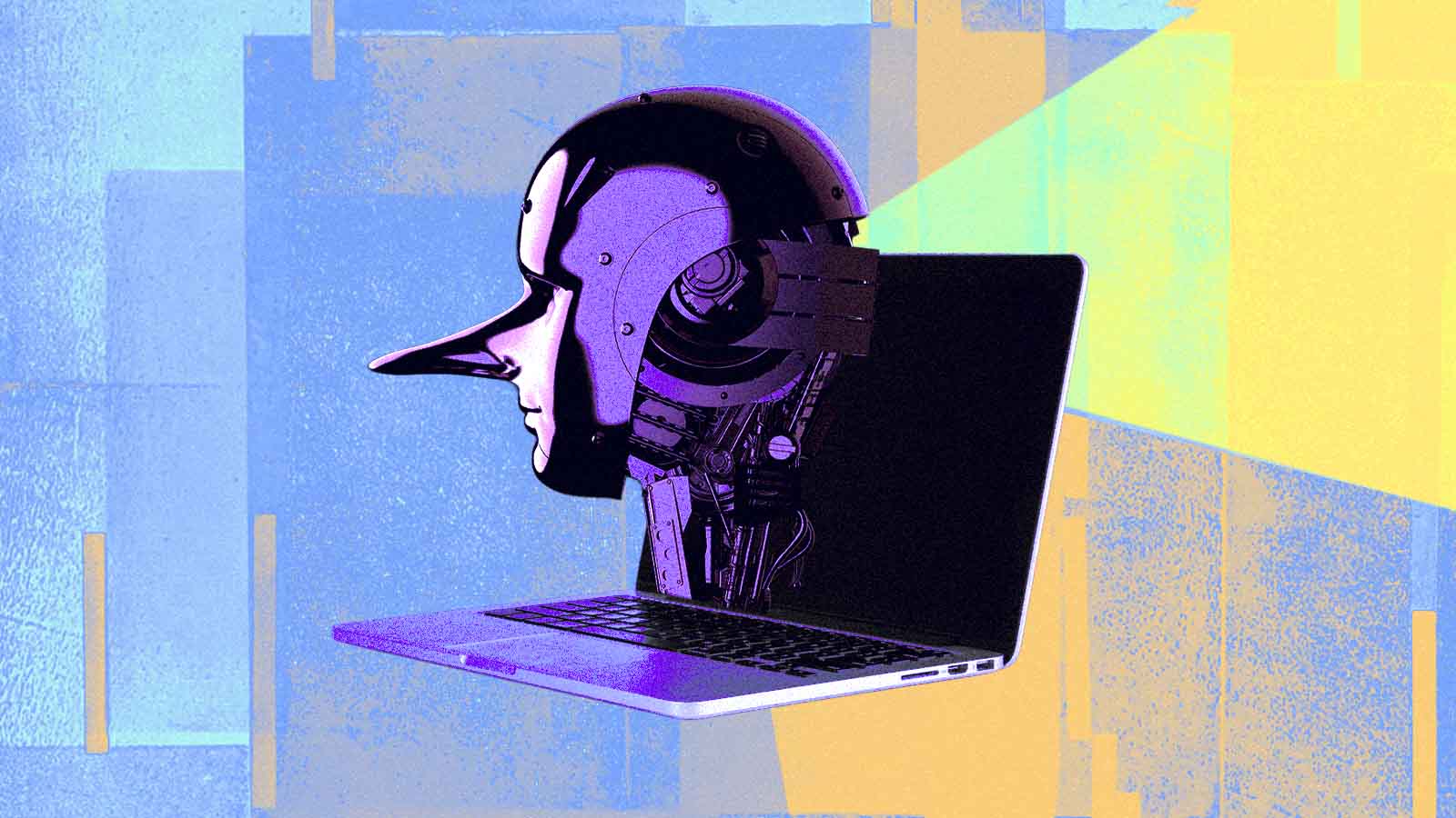 Robô com nariz comprido de Pinóquio saindo da tela de um notebook