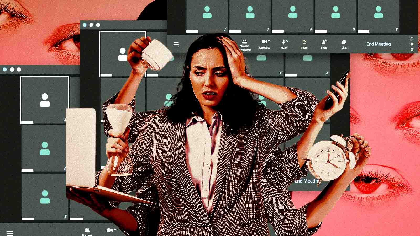 Mulher com vários braços segura celular, relógio, papéis e outros objetos diante de telas de videoconferência