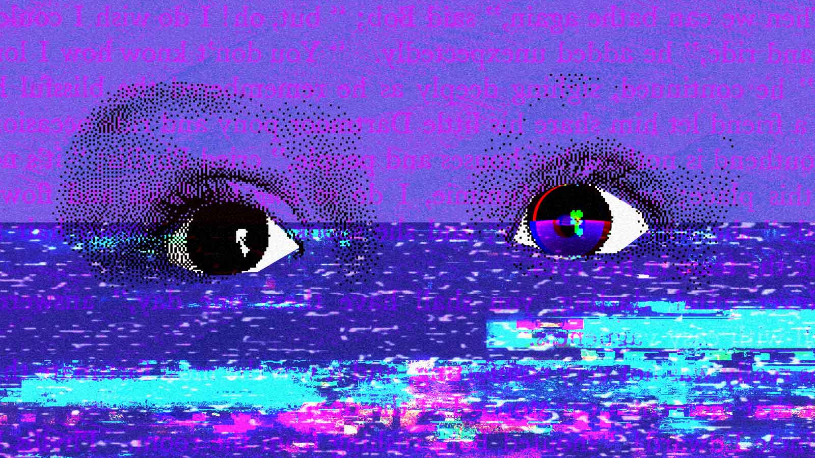 Dois olhos estilizados sobre uma paisagem digital com efeitos de distorção e texto ao fundo.
