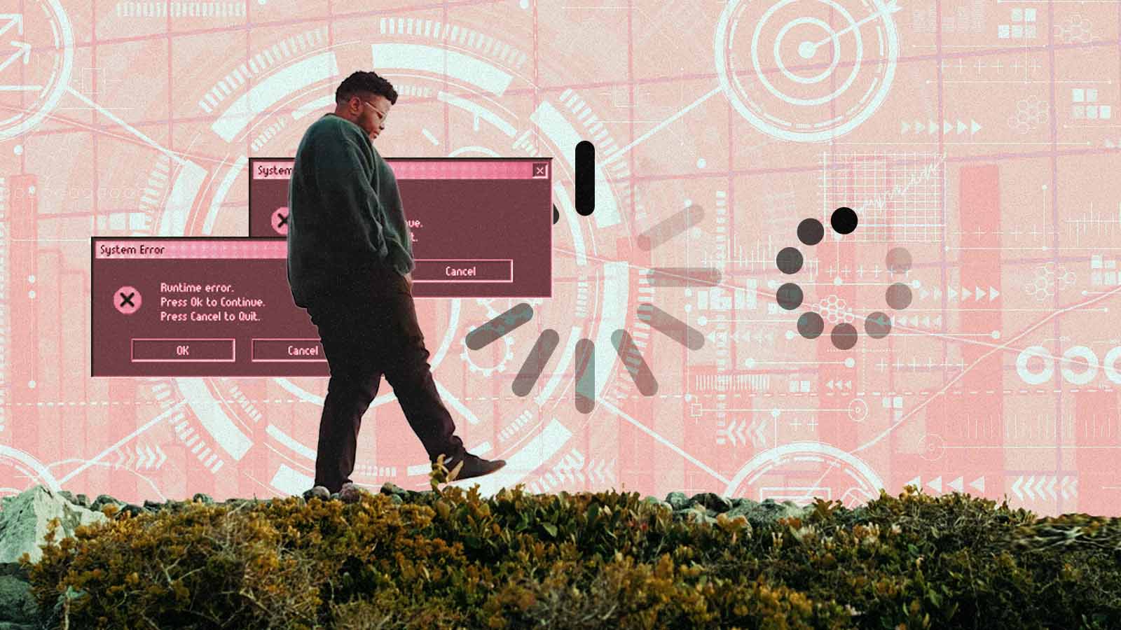 Homem caminha sobre vegetação diante de telas de erro e símbolos de carregamento em um cenário digital