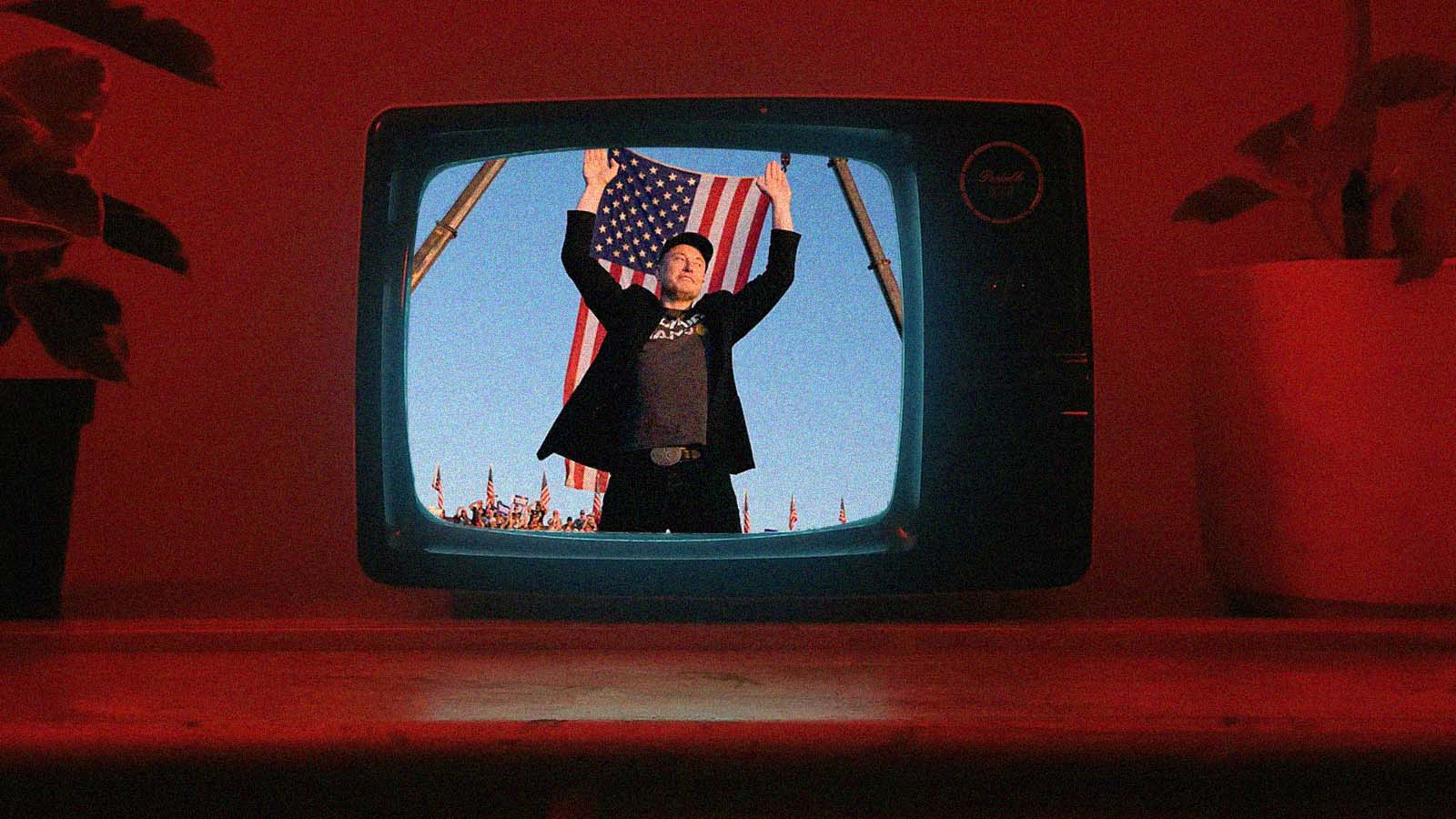 Televisão antiga mostra Elon Musk de braços erguidos diante da bandeira dos Estados Unidos em uma montagem com iluminação vermelha