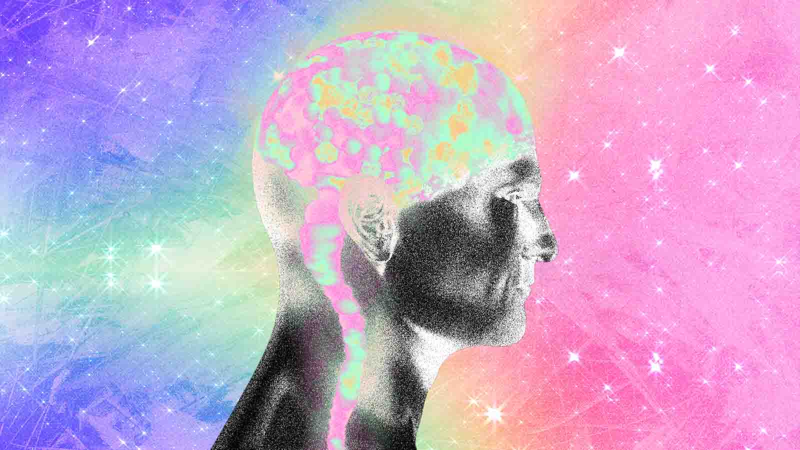 Ilustração de uma cabeça humana com o cérebro colorido sobre um fundo em tons de azul, verde e rosa.
