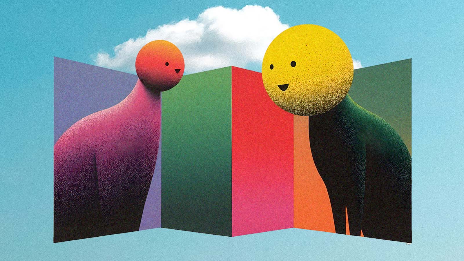 Ilustração de duas figuras humanas coloridas frente a frente, separadas por formas geométricas.