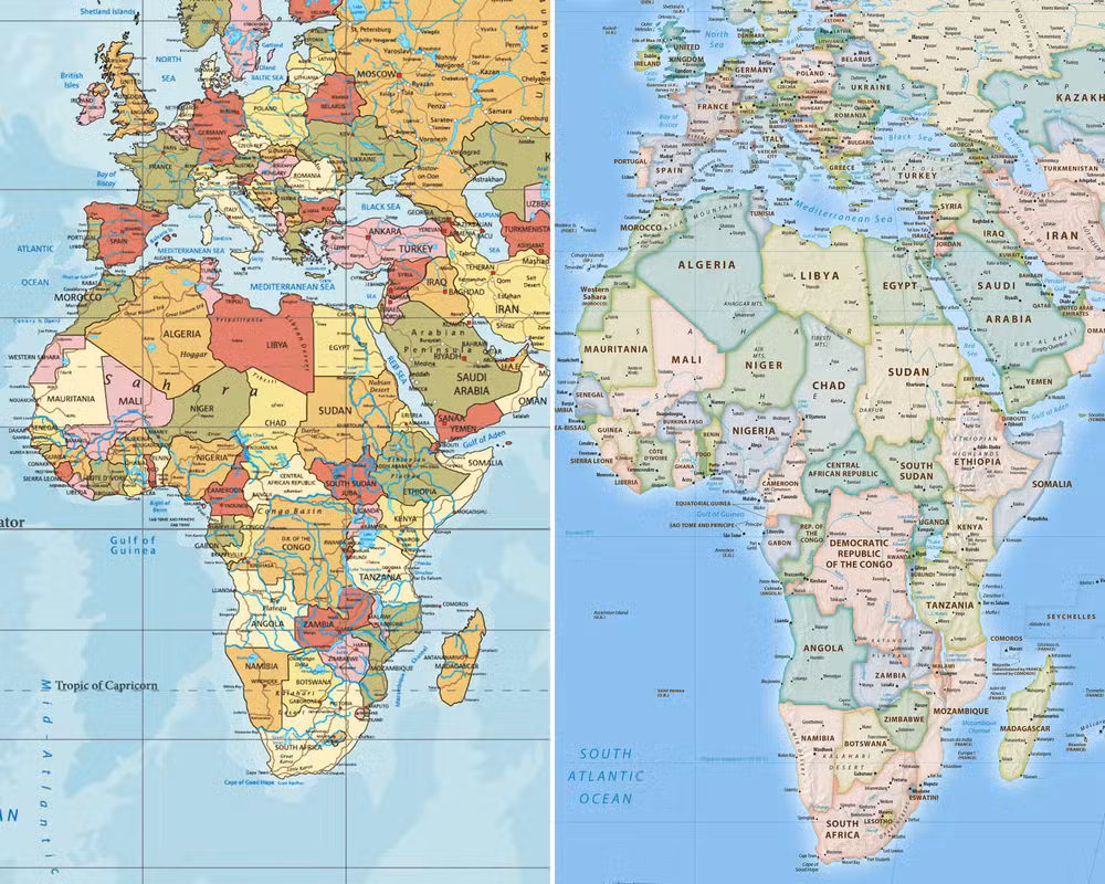 Dois mapas colocados lado a lado mostram diferen&ccedil;as na representa&ccedil;&atilde;o do tamanho e do formato da &Aacute;frica
