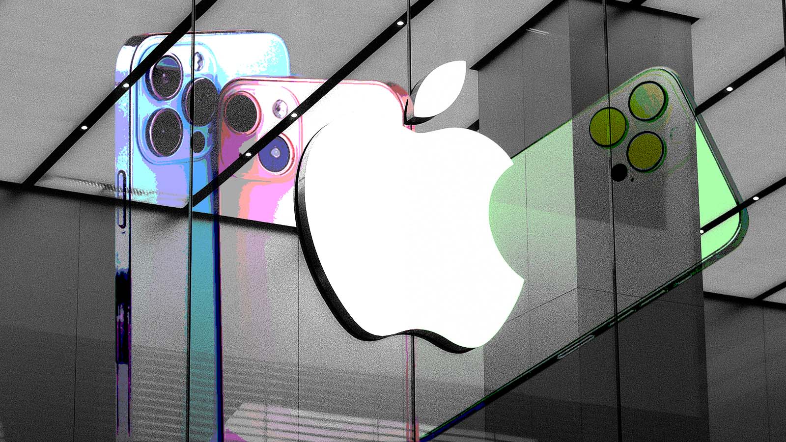 Logotipo da Apple diante de imagens coloridas de diferentes modelos de iPhone