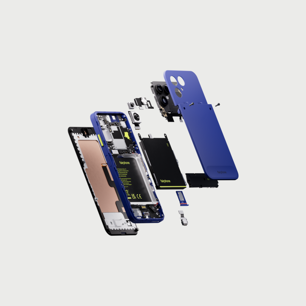 Vista explodida do Fairphone mostra bateria, c&acirc;meras, estrutura e tampas separadas.
