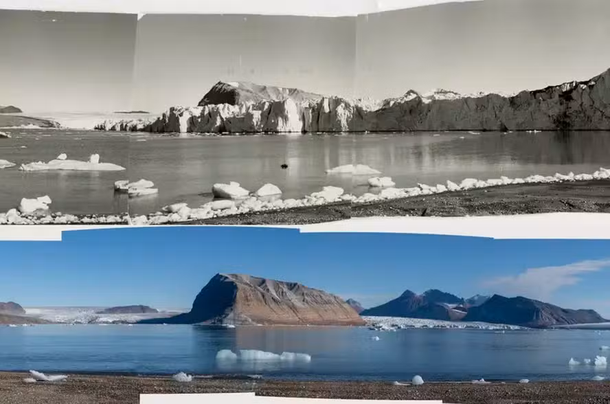 Fotografias comparativas de 2002 e 2024 mostram a redu&ccedil;&atilde;o das geleiras em Svalbard.