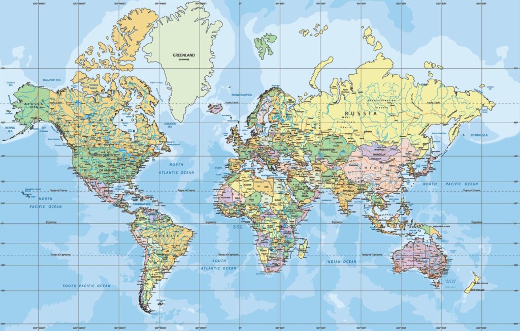 Mapa-m&uacute;ndi na proje&ccedil;&atilde;o de Mercator mostra Groenl&acirc;ndia, Canad&aacute; e R&uacute;ssia visualmente ampliados