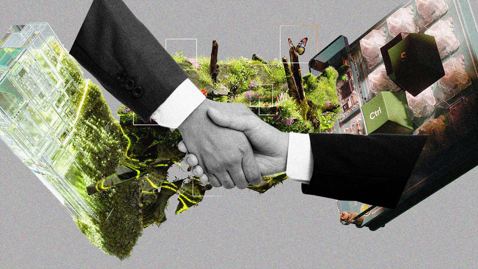 Executivos apertam as mãos entre elementos de natureza e tecnologia, em ilustração sobre governança de inteligência artificial e ESG.