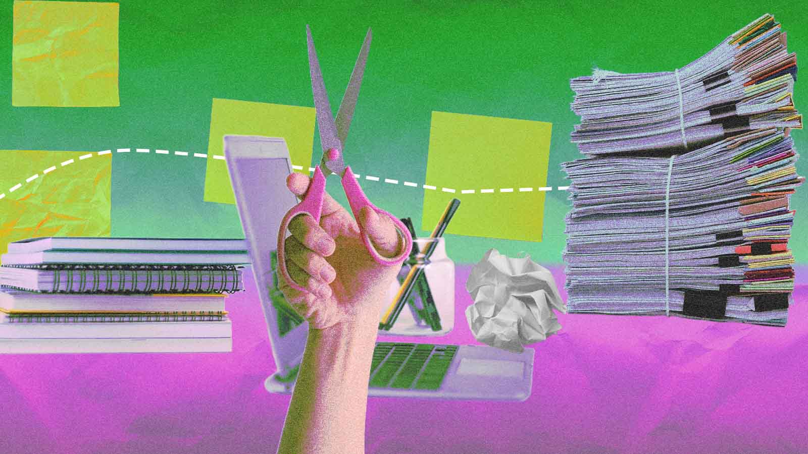 Colagem com mão segurando uma tesoura entre computador, papéis e blocos de anotações, representando a edição na era da IA