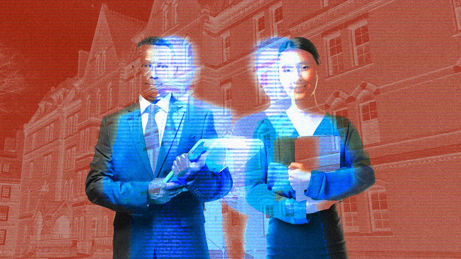 Avatares de inteligência artificial de professores de Harvard aparecem sobrepostos a uma imagem de executivos.