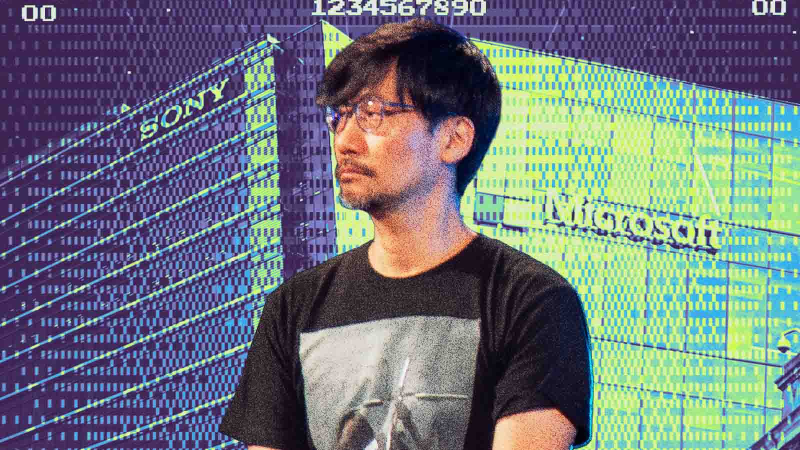 Hideo Kojima aparece entre os prédios da Sony e da Microsoft em uma colagem sobre o financiamento de Physint.