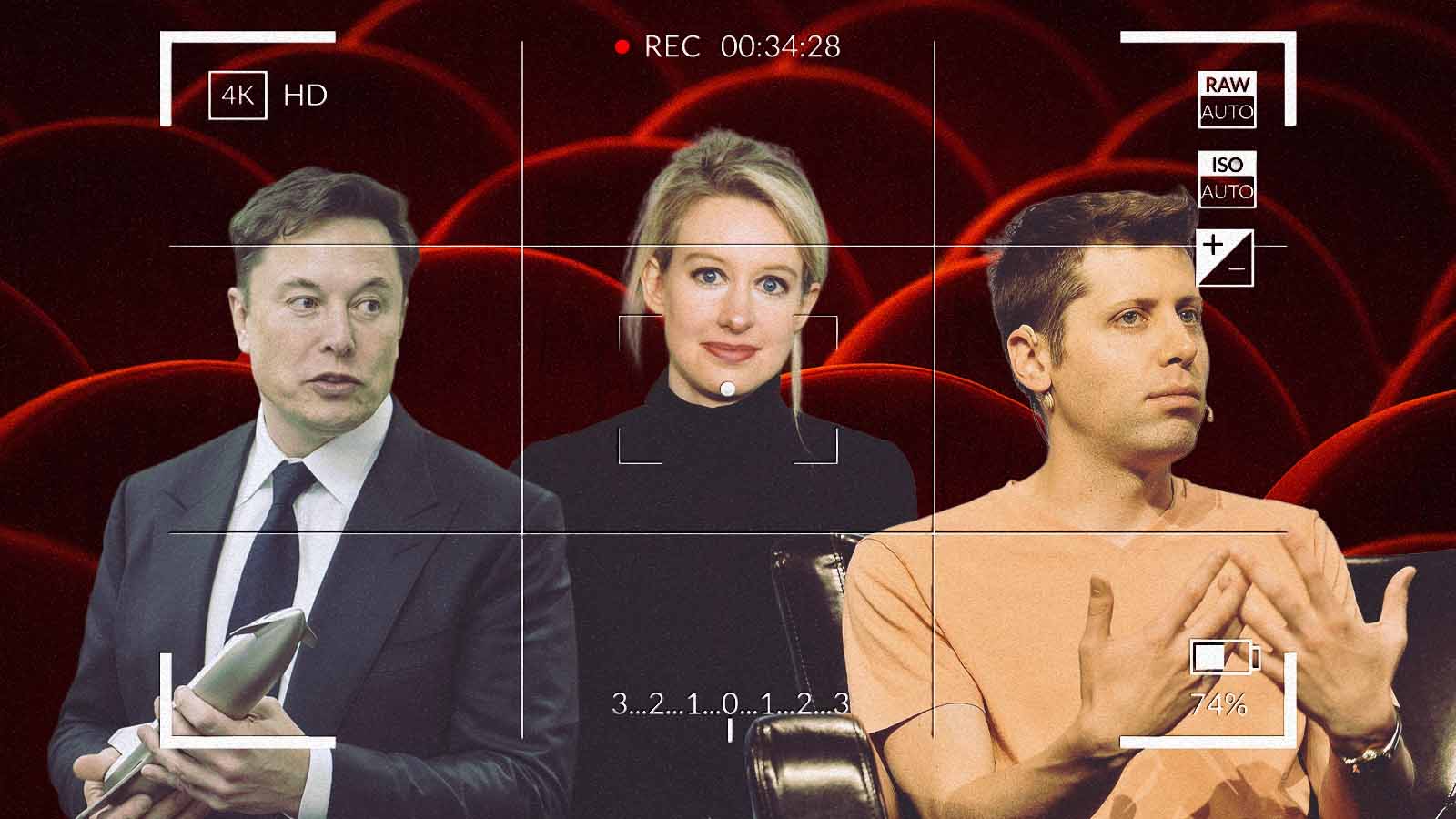 Montagem de Elon Musk, Elizabeth Holmes e Sam Altman diante de uma tela de cinema.