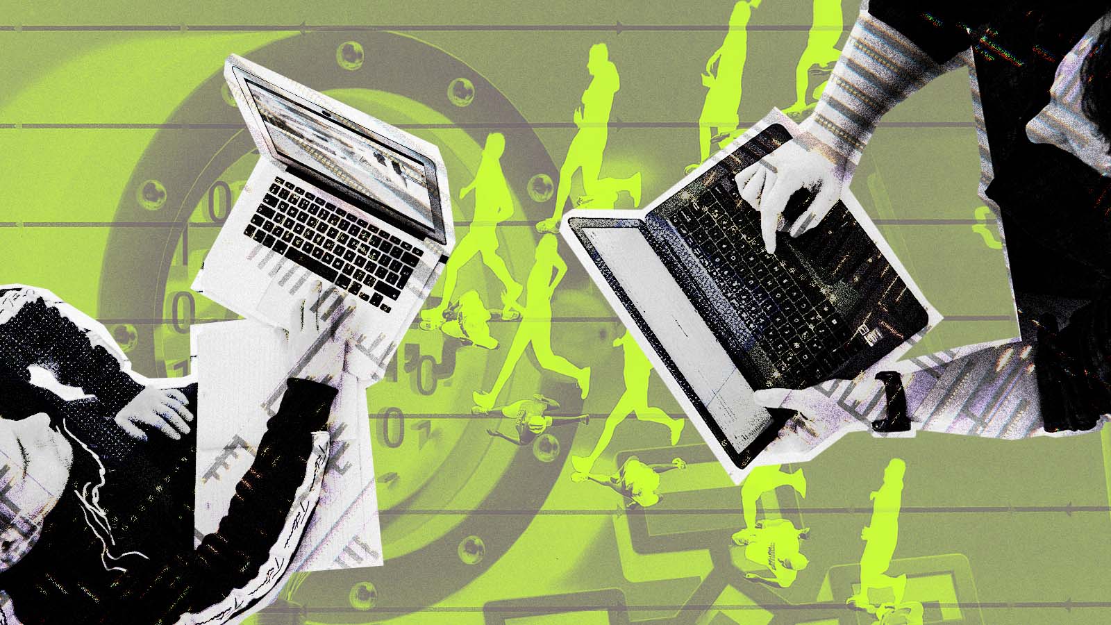 Duas pessoas usam notebooks diante de silhuetas e elementos digitais em uma montagem verde