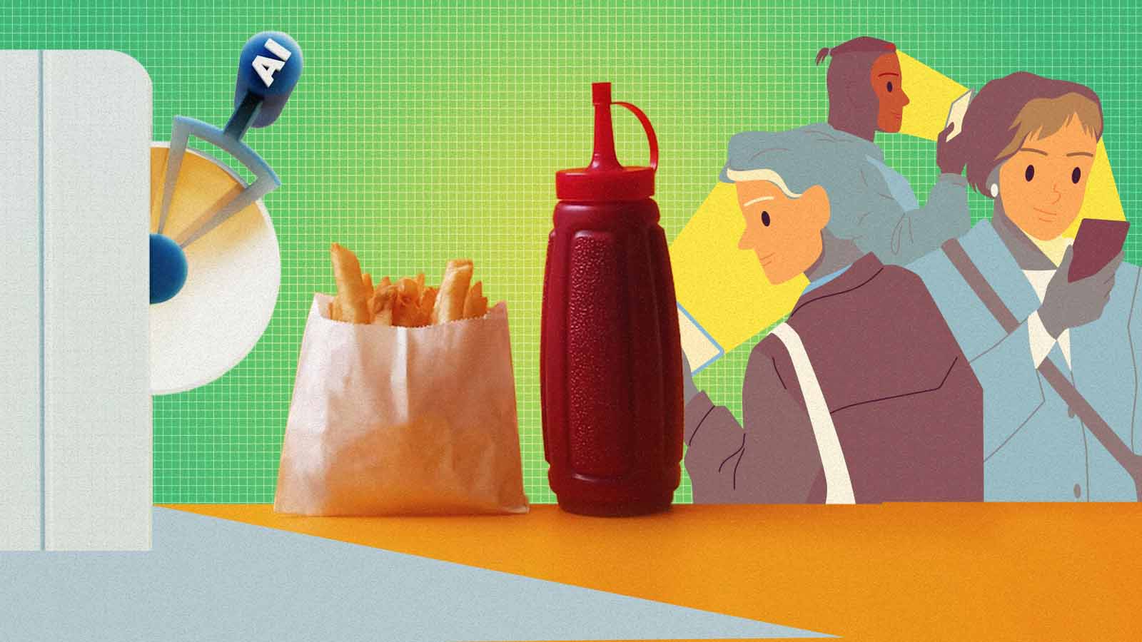 Ilustração compara a oferta automática de inteligência artificial ao aumento de porções em redes de fast-food.