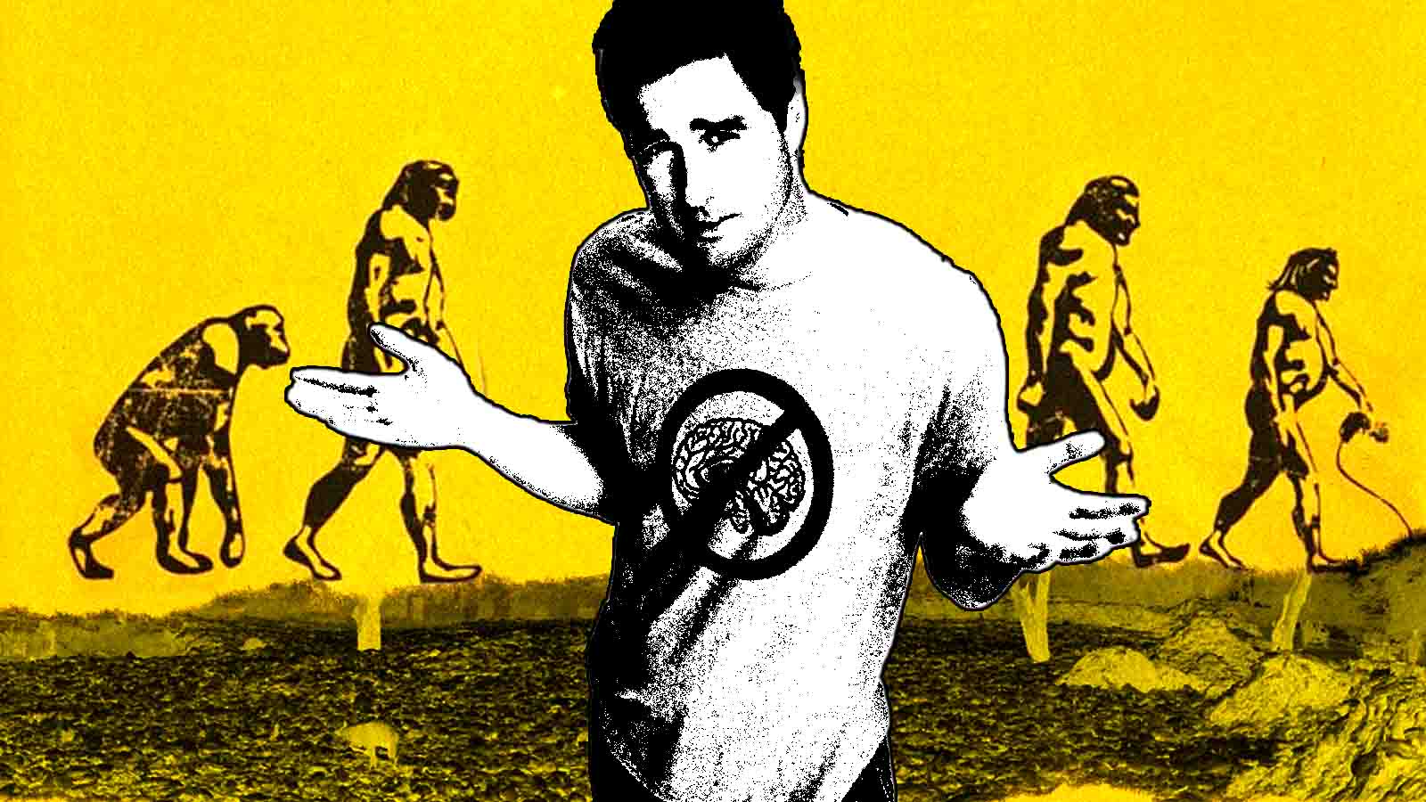 Luke Wilson em colagem com figuras que representam a regressão da evolução humana.