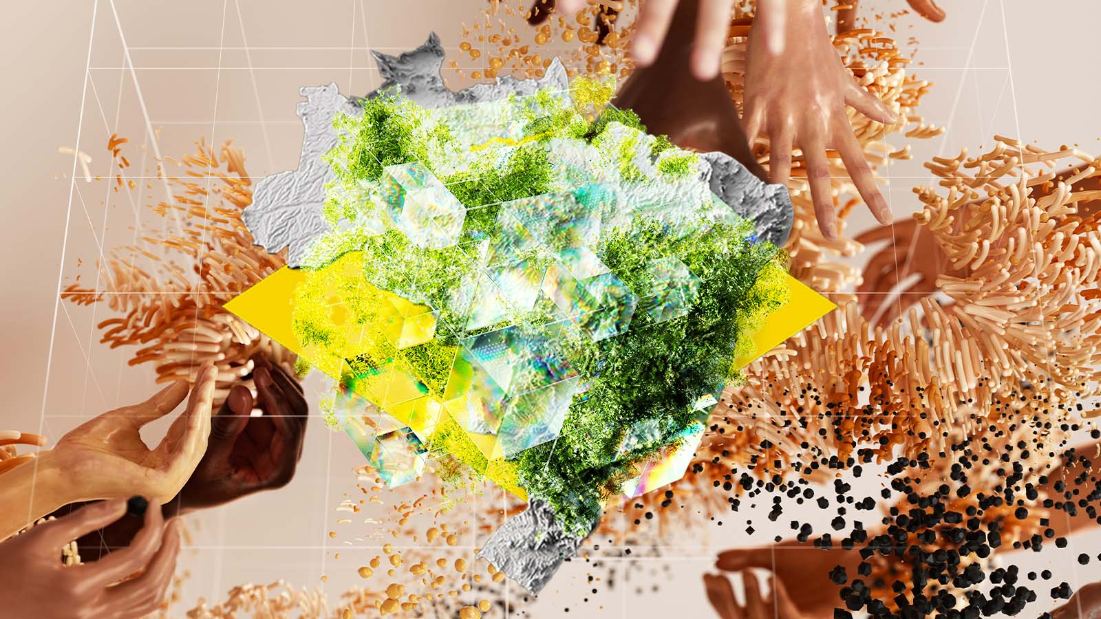 Colagem mostra o mapa do Brasil coberto por vegetação e formas geométricas, cercado por diferentes mãos