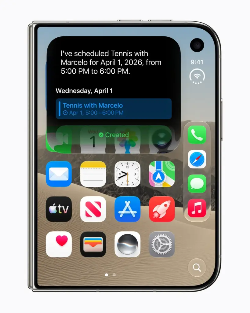 iPhone Duo aberto com aplicativos na tela e dock vertical na lateral direita da interface do iOS 27.
