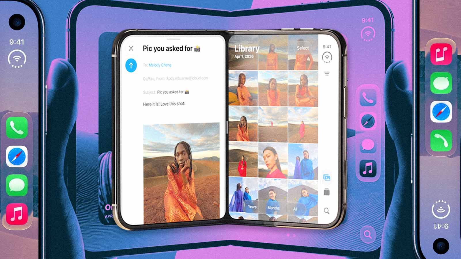 Montagem mostra o iPhone Duo aberto, com dois aplicativos lado a lado e atalhos organizados verticalmente nas laterais.