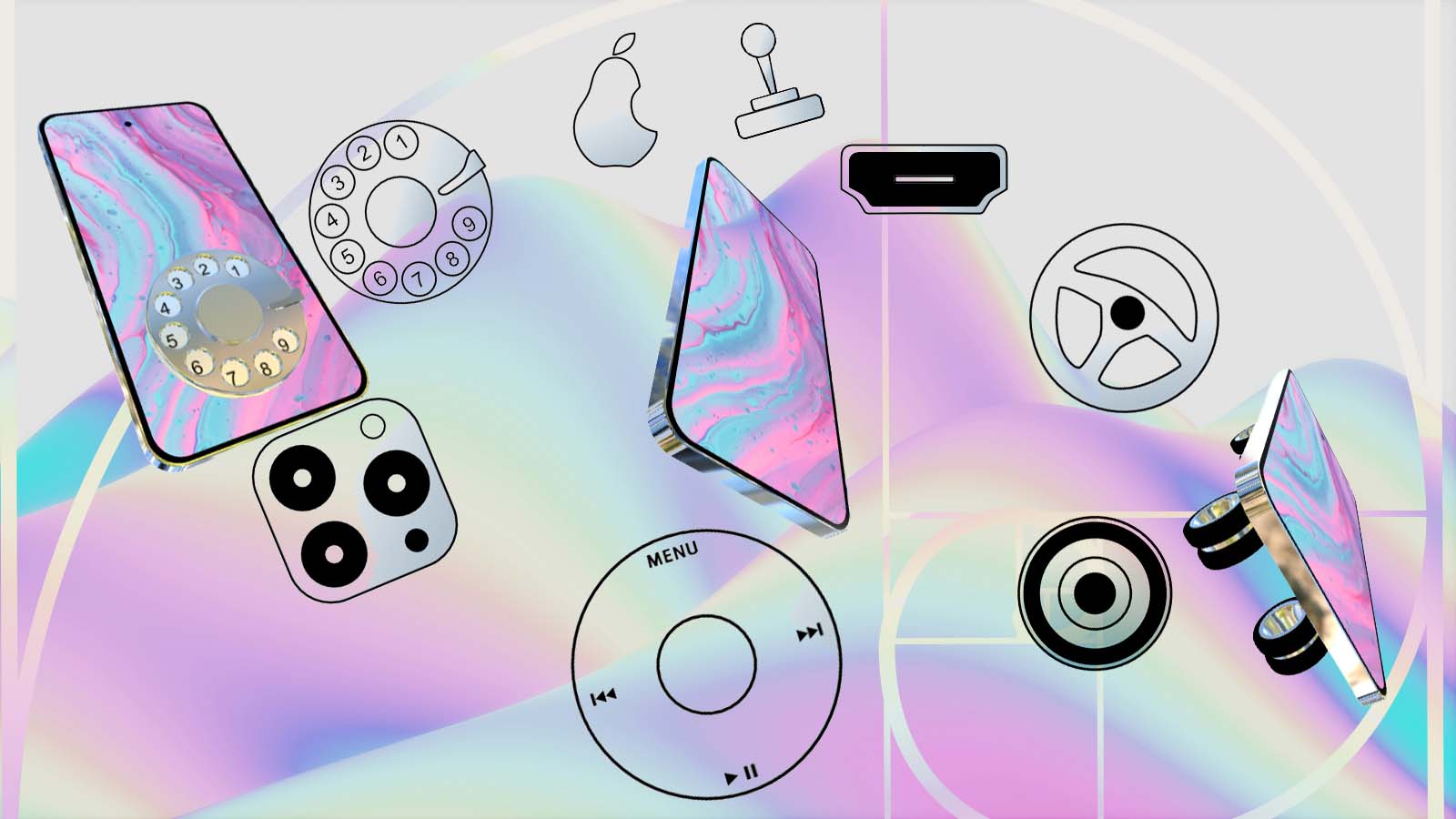 Montagem mostra diferentes versões de um iPhone cercadas por telefone de disco, joystick, volante, câmeras e roda de clique do iPod.
