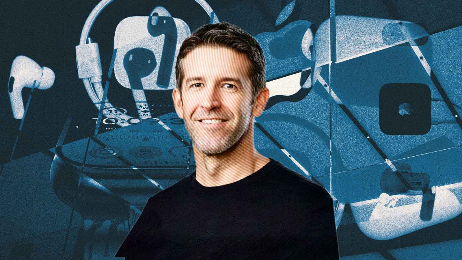 Montagem mostra John Ternus diante de diferentes produtos da Apple, incluindo AirPods, iPhones e computadores