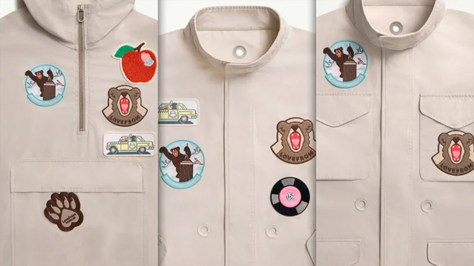 Detalhes de casacos claros da coleção LoveFrom e Moncler, decorados com apliques de urso, táxi, maçã e disco.
