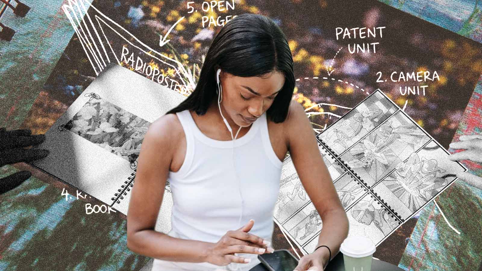 Mulher lê um livro enquanto usa fones de ouvido, cercada por ilustrações que explicam o funcionamento do Paper-fi