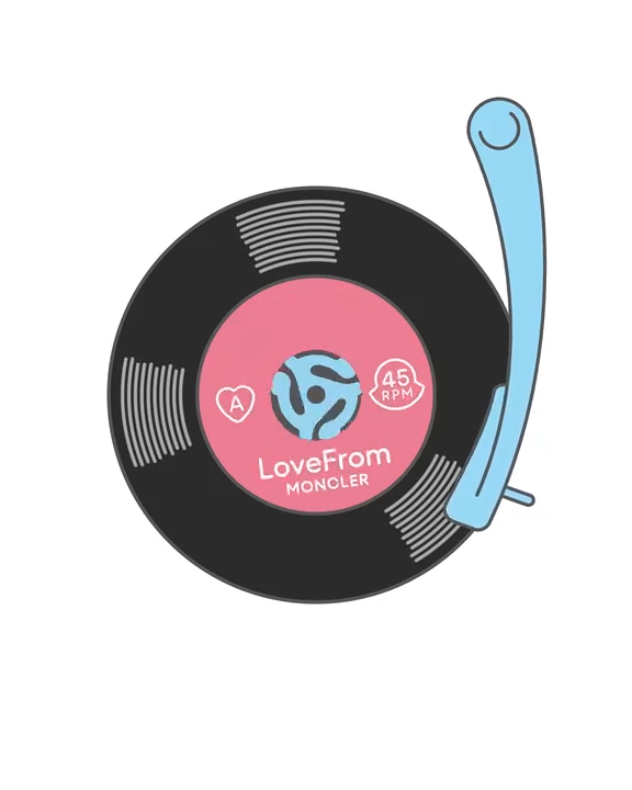 Ilustra&ccedil;&atilde;o de um disco de vinil preto com selo rosa e azul, os nomes LoveFrom e Moncler e um bra&ccedil;o de toca-discos azul.