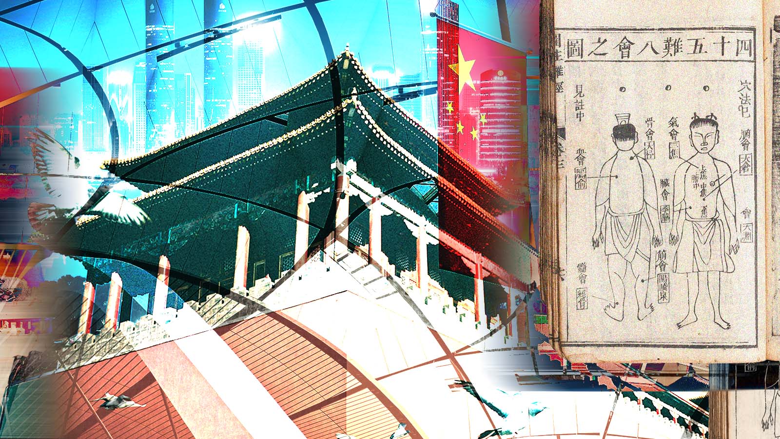 Colagem reúne arquitetura chinesa, paisagem urbana tecnológica e antigo diagrama da Medicina Chinesa