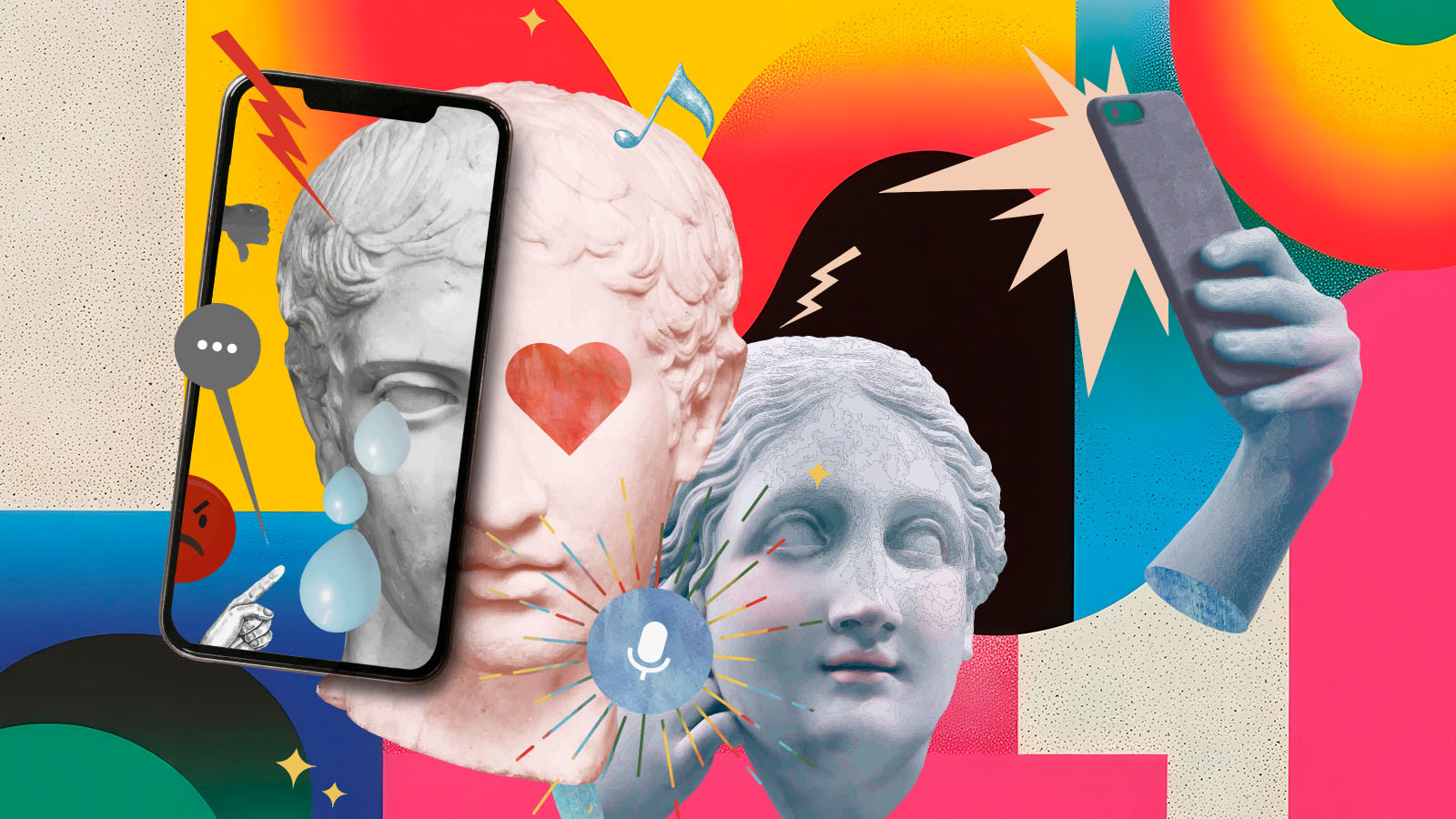 Celular vertical enquadra rosto de estátua em colagem sobre microdramas e novelas produzidas para as redes sociais.