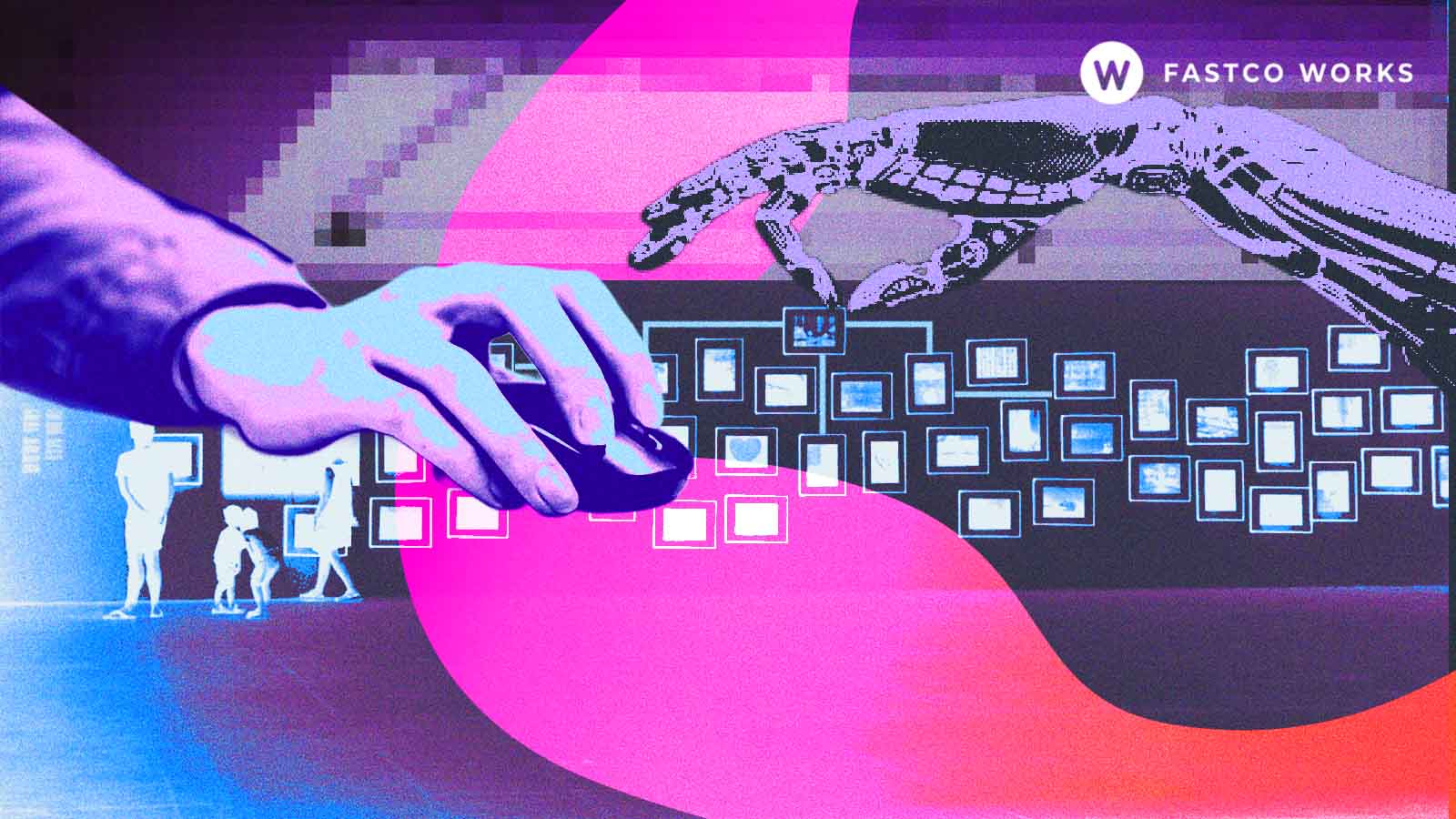 Mão humana usando um mouse e mão robótica diante de dezenas de telas digitais