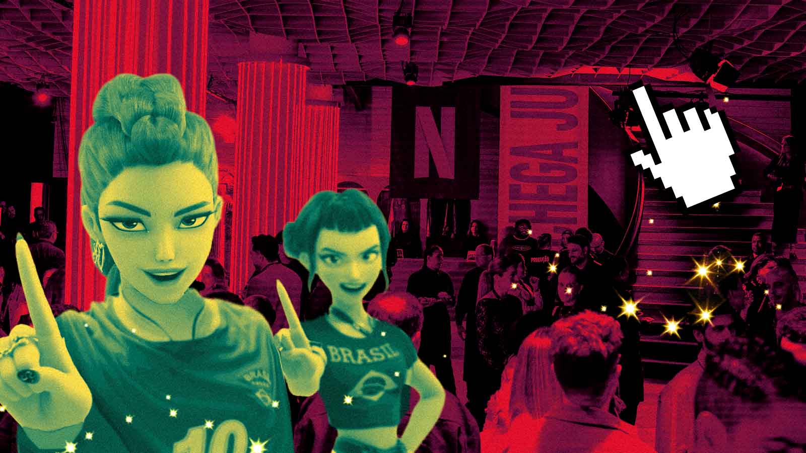 Colagem mostra personagens animadas com camisetas do Brasil diante do público em um evento da Netflix e de um cursor digital.