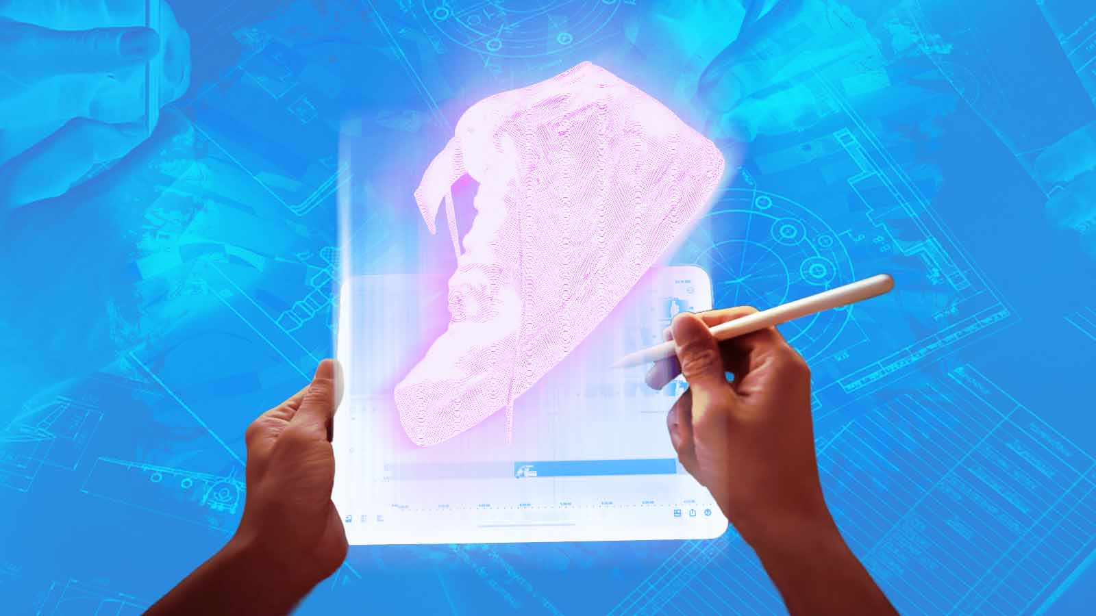 Nike Air Force 1 de 1982 sendo desenhado em um holograma para ilustrar a matéria sobre o Phil McCartney, chefe de design e inovação da Nike