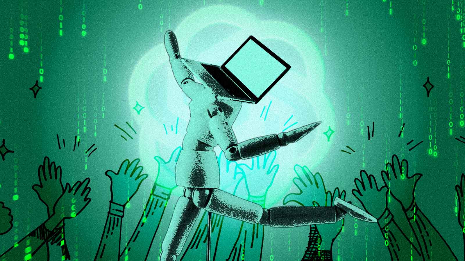Ilustração de robô humanoide cercado por mãos erguidas e elementos digitais, representando o debate sobre a chegada da inteligência artificial geral.
