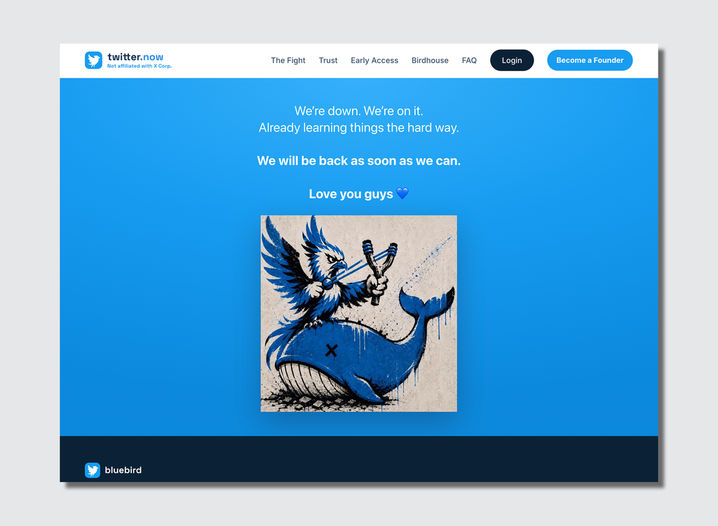 P&aacute;gina de erro da Twitter.now mostra um p&aacute;ssaro azul sobre uma baleia.