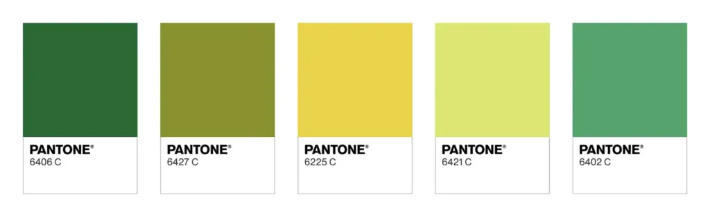 Cinco amostras Pantone em verde-escuro, verde-oliva, amarelo, verde-lim&atilde;o e verde suave.