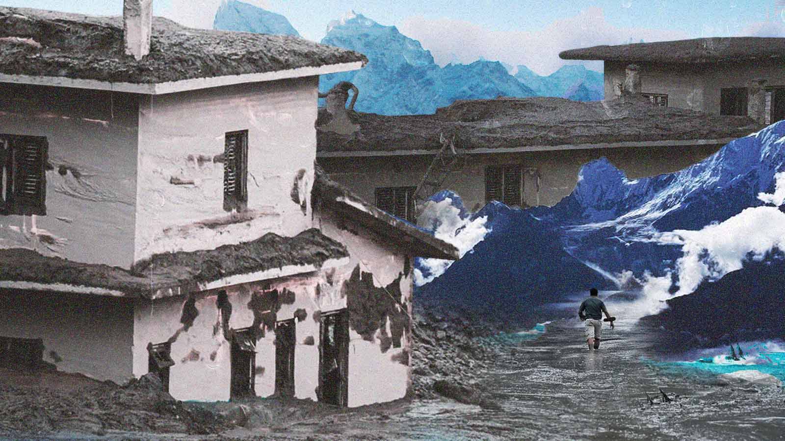 Colagem mostra construções parcialmente soterradas em um terreno congelado e instável, cercado por montanhas de gelo, enquanto uma pessoa caminha ao centro.