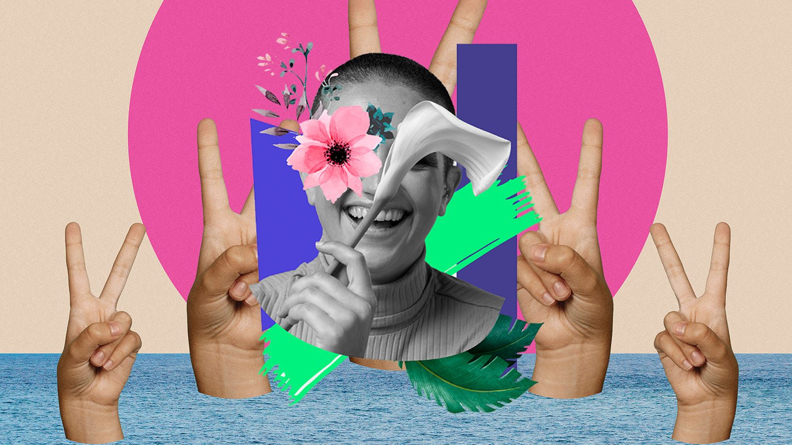 Colagem com mulher sorrindo ao centro, cercada por mãos fazendo o sinal de paz, flores e formas coloridas sobre um fundo com mar.
