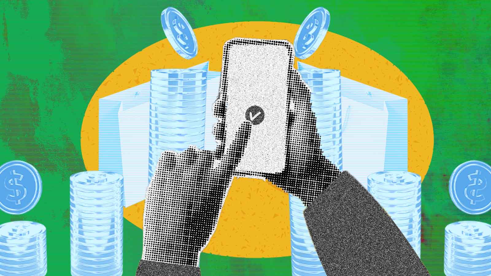 Mãos seguram um celular diante de pilhas de moedas, representando o crescimento dos investimentos em retail media.