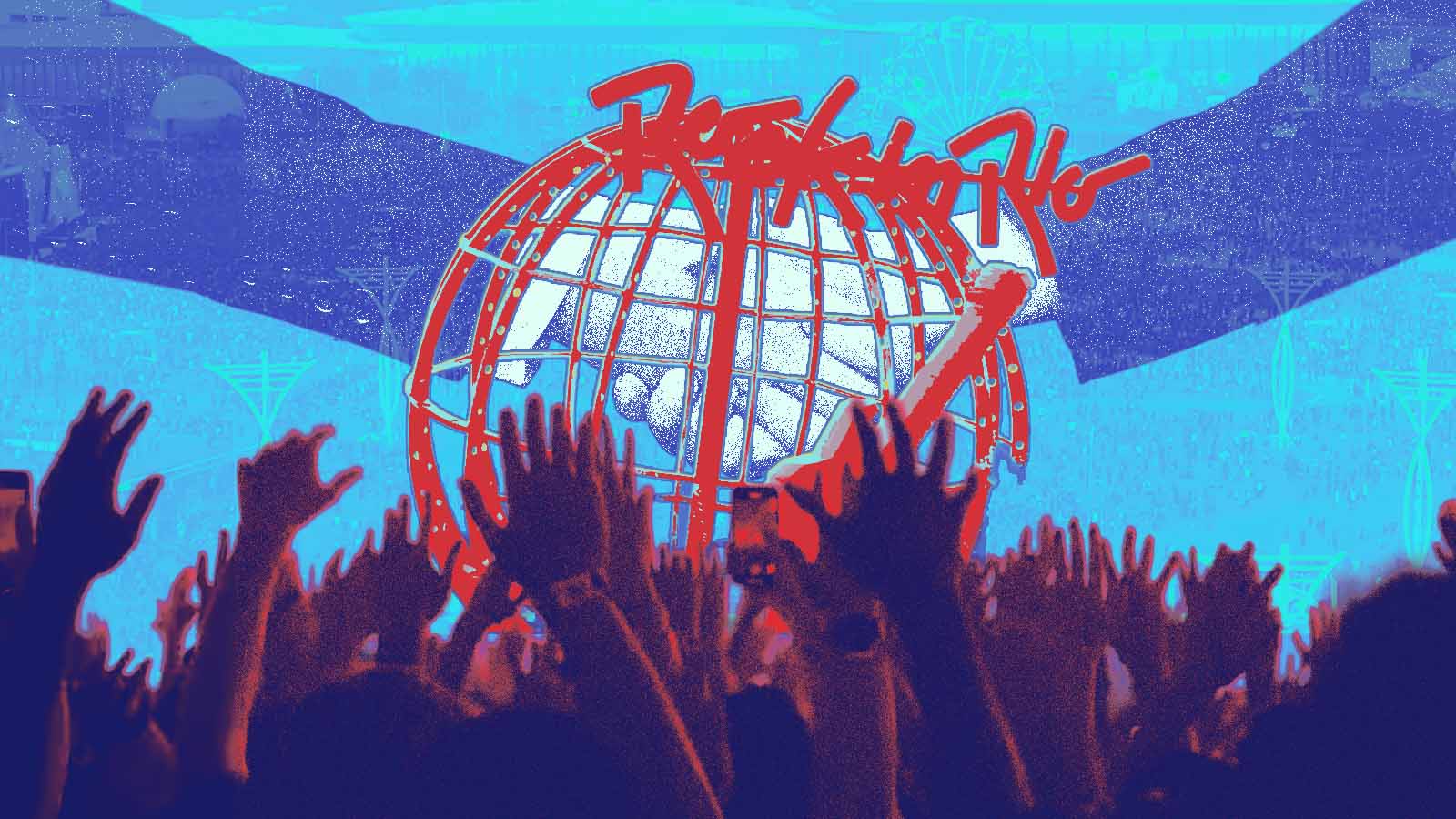 Público levanta as mãos diante de um telão com o logotipo do Rock in Rio.