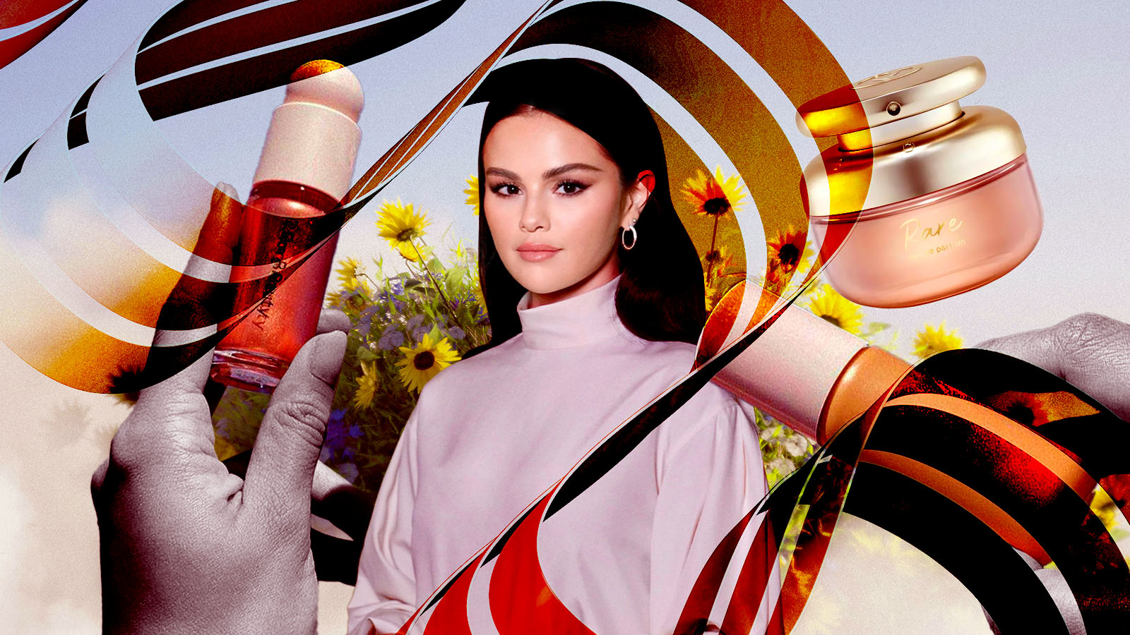 Selena Gomez aparece entre produtos da Rare Beauty, flores e mãos segurando cosméticos.