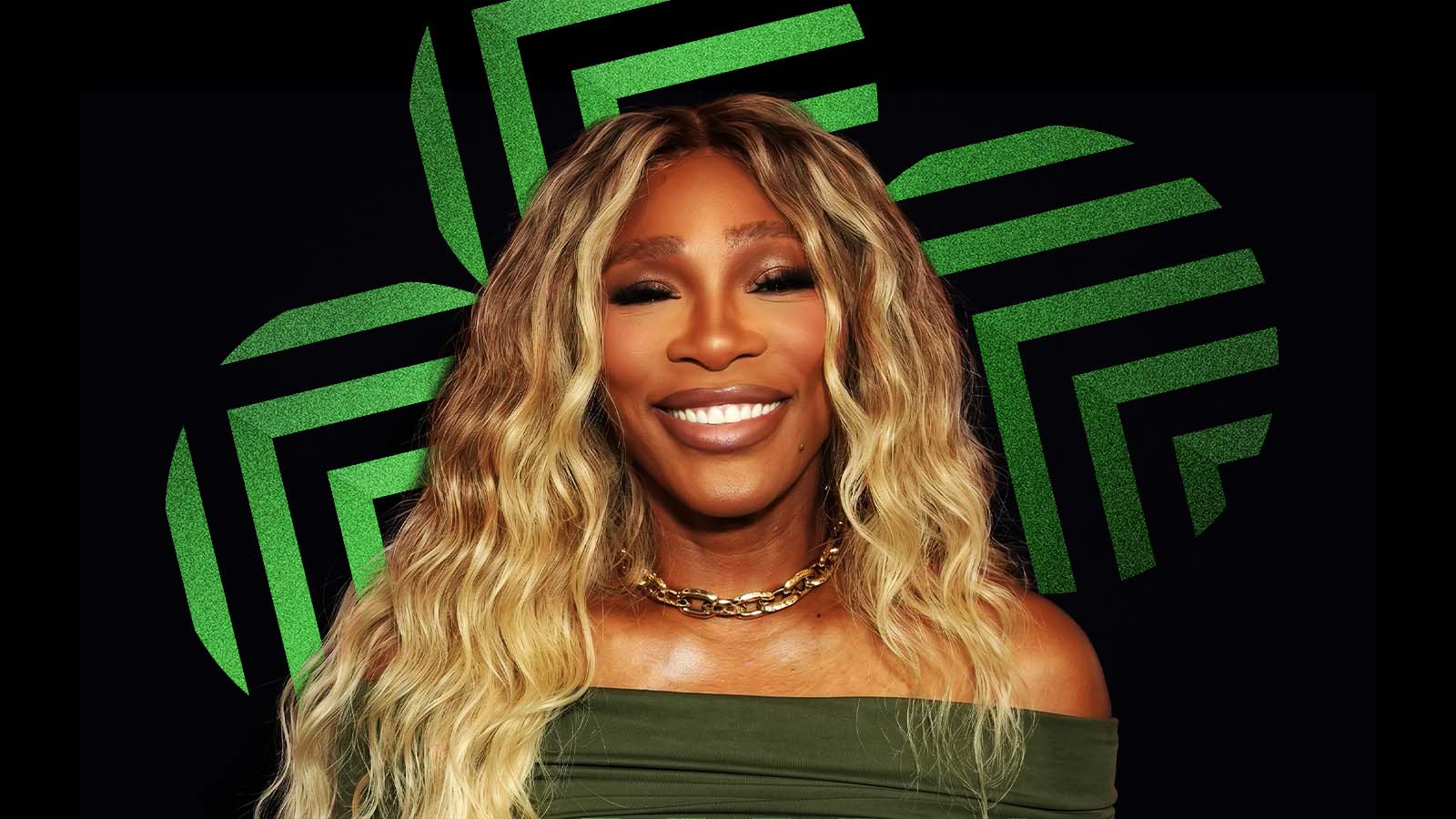 Serena Williams sorrindo em retrato com fundo preto e elementos gráficos verdes.