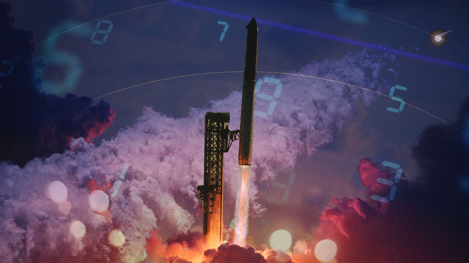 Montagem da Starship decolando, com fumaça, números digitais e linhas curvas sobre fundo azul e roxo.